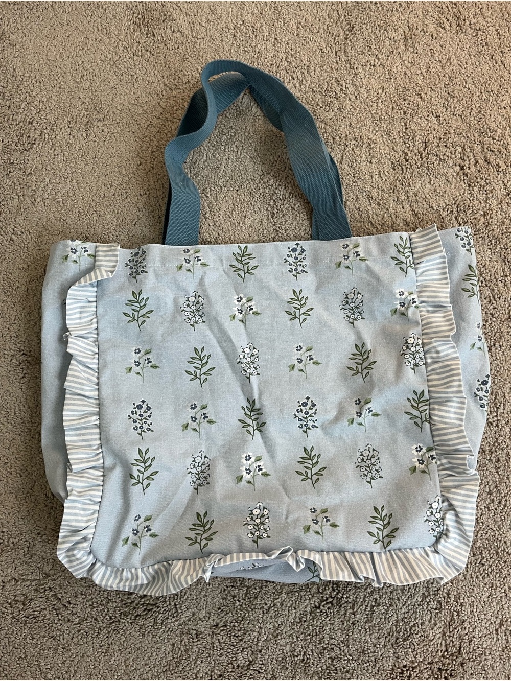 Light Blue Floral Ruffle Tote Canvas Bag